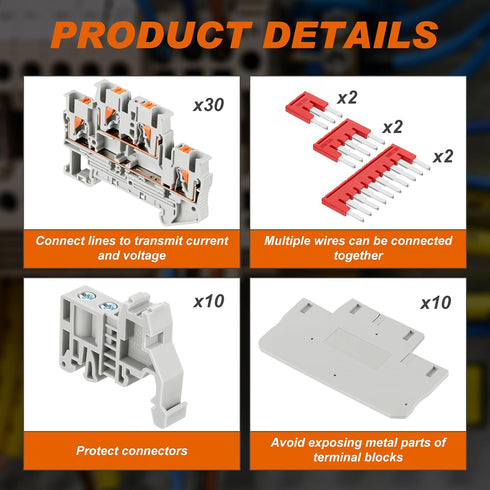 DIN Rail Terminal Block Twin Spring Terminal Connectors Push in Type PT Screwless Wiring Connector with 10 Covers and 6