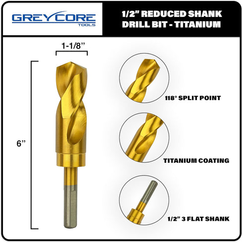 Tools 1-1/8 Inch Reduced Shank Drill Bit, 1/2" 3-Flat Shank, High Speed Steel with Titanium Coating