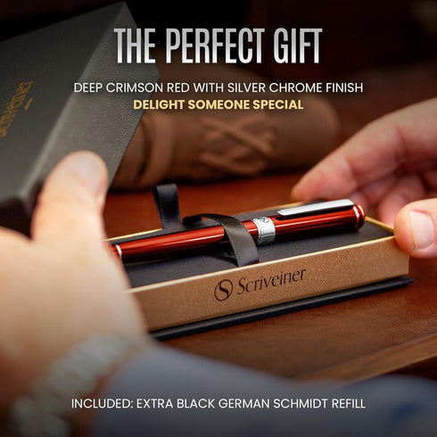 Scriveiner Deep Crimson Red Rollerball, Stunning Red Lacquer Luxury Pen with Chrome Finish, Gift Set