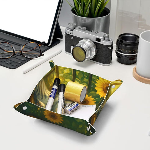 KKdskkds Sleeping Cat On Sunshie Bench Sunflowers Personalized Fun Leather Storage Tray Desktop Organizer Decorative