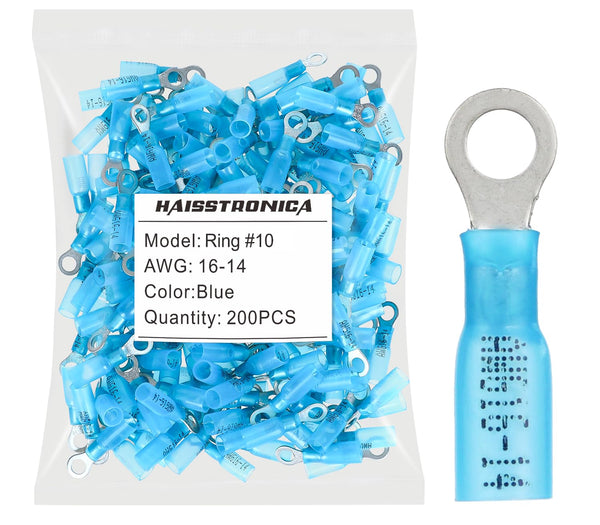 haisstronica 200pcs #10 Blue Marine Grade Heat Shrink Ring Connectors, 16-14 Gauge Tinned Red Copper Waterproof Eyelet