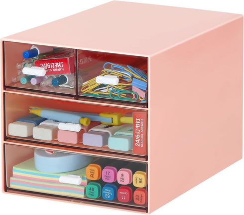 LETURE Desk Organizer with 4 Drawers, Clear Plastic Storage Box for Office Supplies, Gel Pens, Pencils, Pink