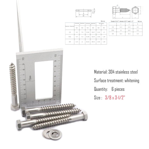 6pcs Hex Head Lag Screws, 3/8" x 3-1/2" Hexagon Head Wood Screws (Partially Threaded), 304 Stainless Steel Lag Bolts, Silvery