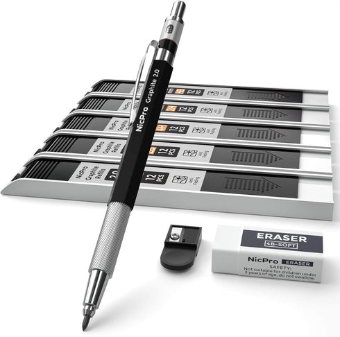 Nicpro 2.0 mm Mechanical Pencil Set, Artist Metal Lead Holder with 60 Graphite Lead Refill HB, 2H, 4H, 2B, 4B, Eraser,