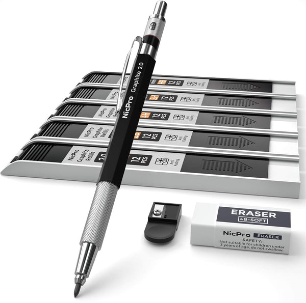 Nicpro 2.0 mm Mechanical Pencil Set, Artist Metal Lead Holder with 60 Graphite Lead Refill HB, 2H, 4H, 2B, 4B, Eraser,