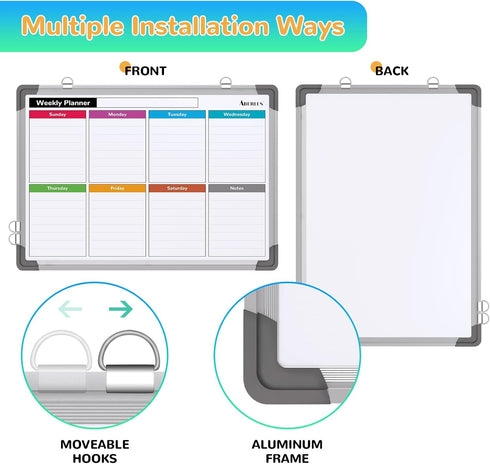 Small Weekly Calendar Dry Erase Whiteboard, 16" x 12" Magnetic Hanging Double-Sided Board for Home, Office