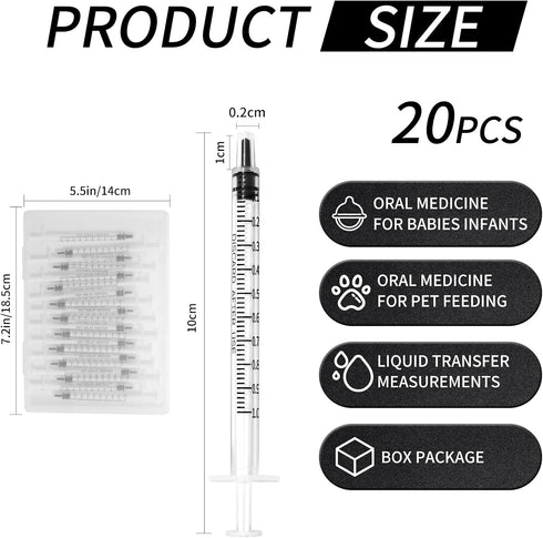 20 Pack 1ml Syringe for Liquid, 1cc Plastic Small Syringes for Scientific Labs, Measuring Liquids, Feeding Pets, Medical Student, Oil or Glue Applicator, Non-Sterile, No Needle