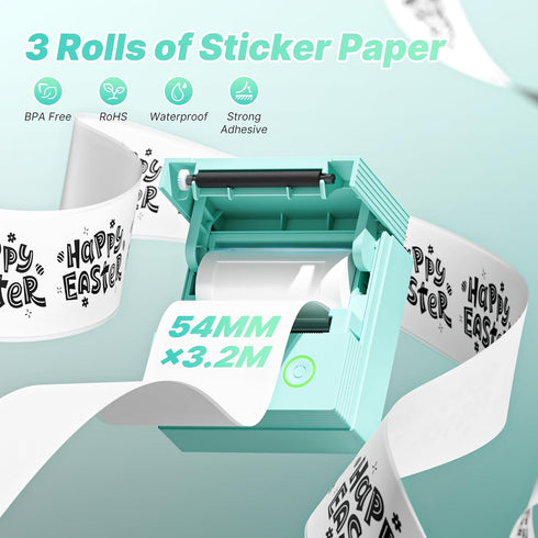 54mmx3.2m PM290 3 Genuine Self-Adhesive Thermal Printer Stickers, Sticker Paper, Compatible with Mini Sticker Printer