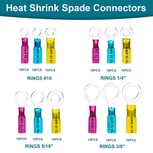 160 PCS Heat Shrink Wire Connectors, 22-10 AWG Waterproof Ring Terminals for Marine Automotive