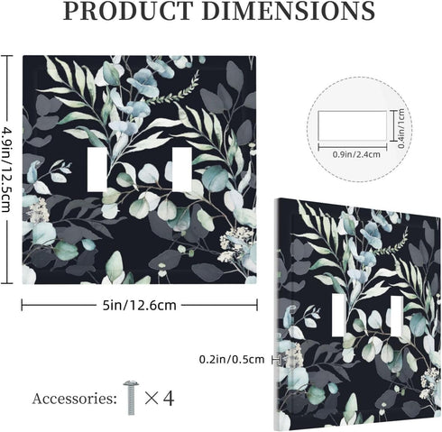 Decorative Switch Plate Covers Boho Black Grey Eucalyptus Leaf Floral, 2 Gang Double Toggle Light Switch Cover for Home