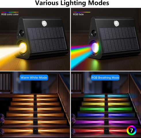 2 Pack Ip67 Motion Sensor Solar Step Lights, Waterproof Outdoor Stair Light,Warm White/Rgb Colors & Double-Sided