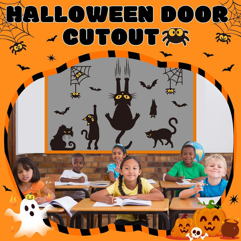 Halloween Bulletin Board Decorations Set - Black Cat Paper Cutouts and Spooky Bat Spider Wall Decals