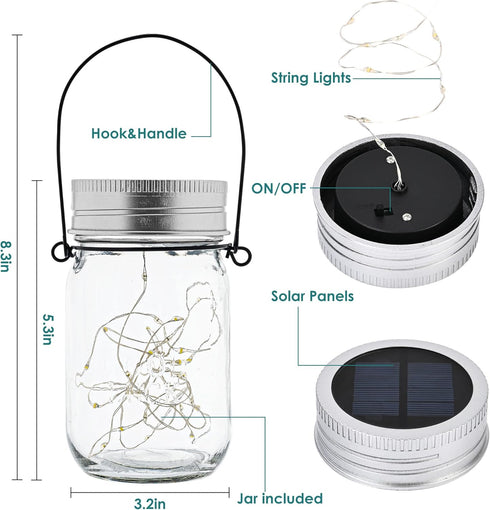 6 Pack 30 GIGALUMI Hanging Mason Jar Solar Lights, Led Hanging Solar Lanterns Outdoor Waterproof, Hangers and Jars