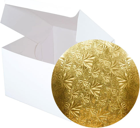 10" Combo Box Set - 10x10x5 1/2 White Cake Box with 10" Gold Round Drum 1/2"