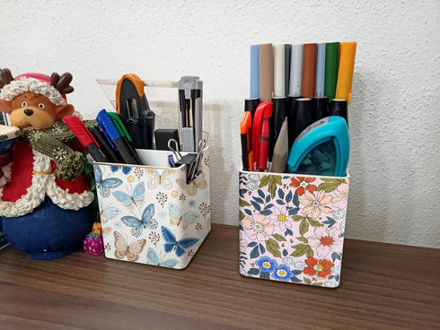 Ceramic Pen Pencil Holder, Makeup Brush Organizer with 2 Compartments, Floral Multi-functional Storage Caddy, Pink