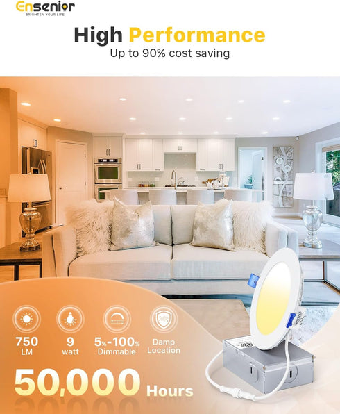 1 Pack 4 Inch Dimmable, 2700K-5000K 5CCT, 750LM 9W 120V, Ensenior LED Recessed Light, High Brightness, Damp Rated