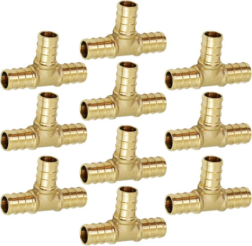 Supply Giant QYUF0058-10 PEX Barb Tee Pipe Fittings, 5/8", Brass, Pack of 10