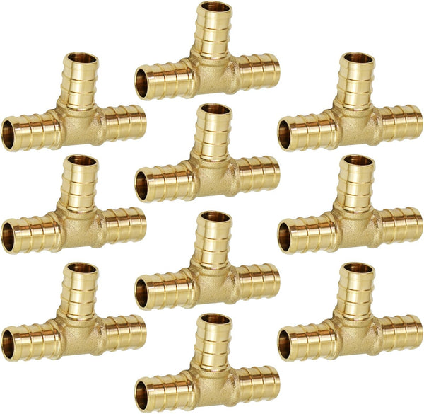 Supply Giant QYUF0058-10 PEX Barb Tee Pipe Fittings, 5/8", Brass, Pack of 10