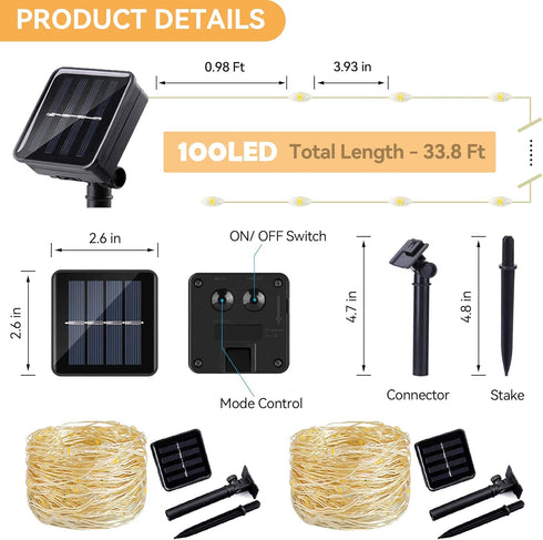 Solar String Lights Outdoor 2 Pack, 33FT 100LED Waterproof Fairy Lights for Wedding Party Garden Patio Christmas (Cool