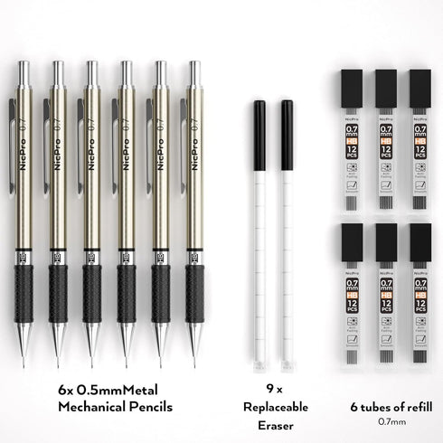 Nicpro 0.7 mm Art Mechanical Pencils Set - 6 PCS Metal Drafting Pencil with 0.7mm Tube HB Lead Refills