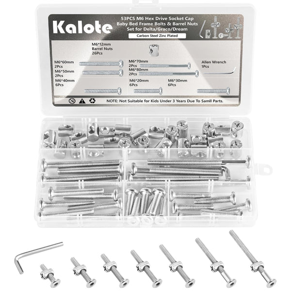 Kalote 53PCS Crib Screws Hardware Replacement Kit, Baby Bed Frame Bolts & Barrel