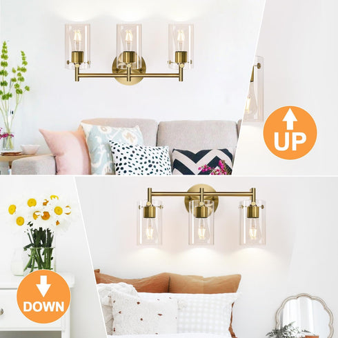 3-Light Indoi Bathroom Light Fixtures, Brass Vanity Light, Black Bathroom Lights Over Mirror with Clear Glass Shade