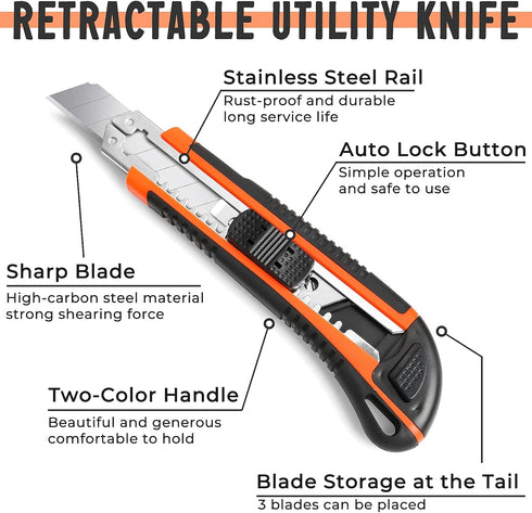 3-Pack Box Cutter Utility Knife, Retractable Ultra Sharp Blade with Anti-Slip Rubber Handle for Cutting
