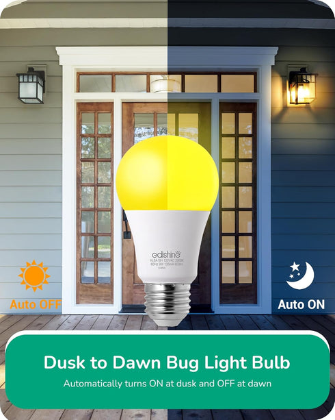 EDISHINE Dusk to Dawn Bug Light Bulbs Outdoor, 2000K Amber Glow Outdoor LED Light Bulb, Automatic On/Off, Yellow Light Bulb, 600LM, 9W(60W Equivalent), E26 Base, 4 Pack, UL Listed by EDISHINE