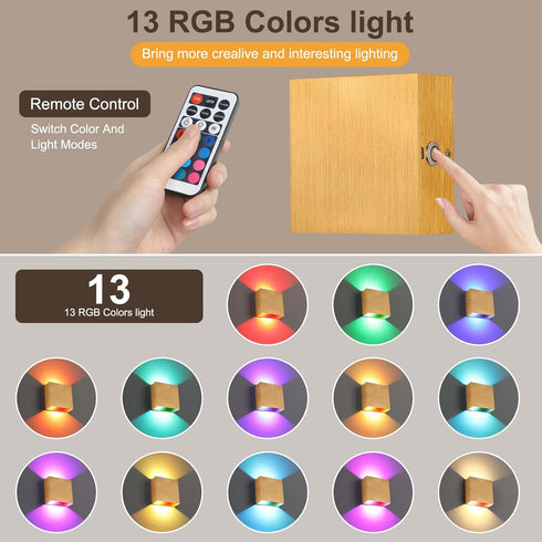 Set 13 Dimmable Lightess RGB Rechargeable Wall Sconces of Two with Remote Control, Colors LED Cordless Wall Lights