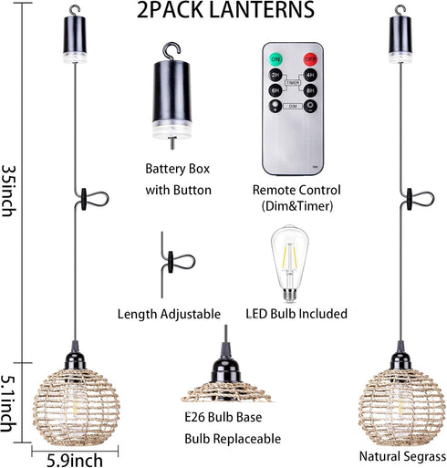 TWINKVILLA Bulb, Porch-2Pack Battery Operated Hanging Pendant Lantern Lights, Outdoor Chandelier Light with Warm White