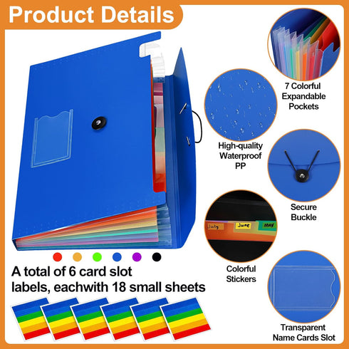 PerKoop 6 Pack Expanding File Folders, 7 Pocket File Holder Organizer, A4 Letter Size Document Organizer