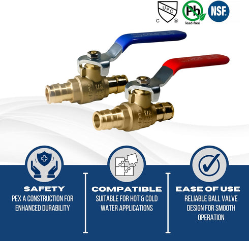 1/2" Pex A Expansion Ball Valve, Red/Hot and Blue/Cold (2)