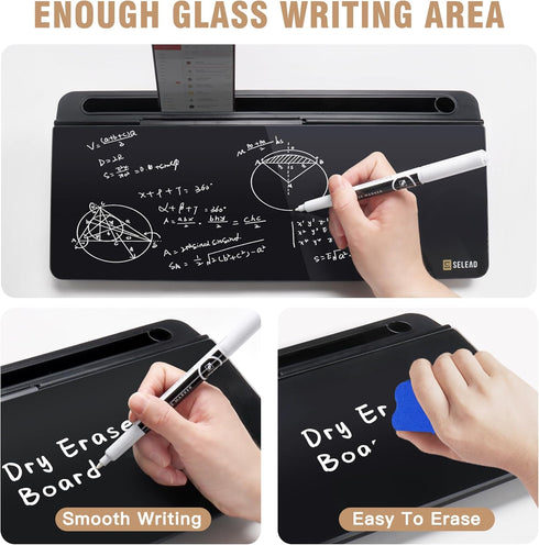 SELEAD Desktop Glass Whiteboard with Organizer, Markers, Eraser - Dry Erase Board with Drawer and Holder for Home,