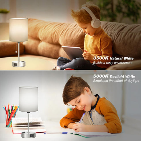 3 Dicoool Grey Bedroom Lamp for Nightstand - Color Temperature Table Lamp with USB C and A Ports, Pull Chain Bedside