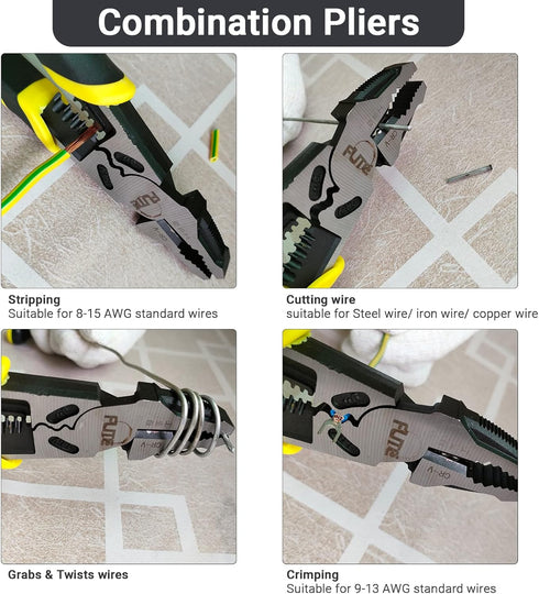 4-in-1 Pro Lineman Plier Tools - 9 Combination Pliers with Wire Stripper, Crimper, Cutter, Winding Function,