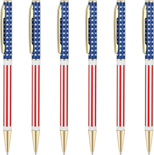 Unibene Slim Metal Retractable Ballpoint Pens, Bulk of 6 Count, Gold American Flag Design for School and Office
