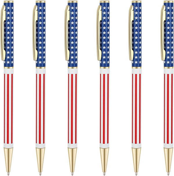 Unibene Slim Metal Retractable Ballpoint Pens, Bulk of 6 Count, Gold American Flag Design for School and Office