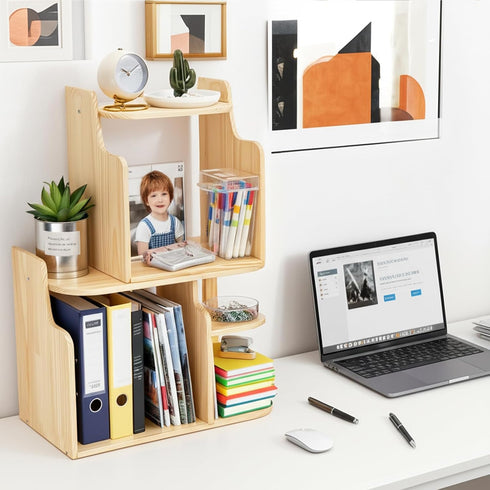 Desk Shelf Organizer, Adjustable Wood Desktop Organizers, Office Storage Rack, Small Tabletop Bookshelf, Freestanding