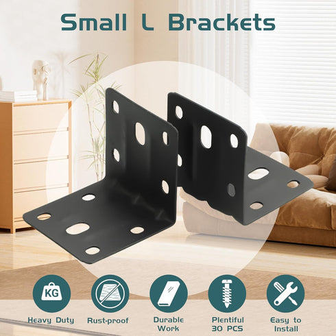 30PCS 90 (2X2 Alise Black L Brackets for Shelves, Heavy Duty Metal Shelf Brackets Corner Bracket, Degree Joint Right