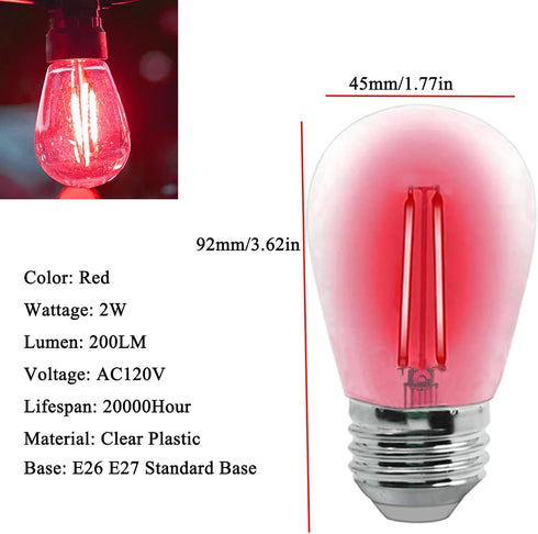 S14 LED Light Bulb 2W Red Outdoor Replacement Bulbs Shatterproof Waterproof S14 Replacement Bulb Clear Plastic Vintage LED Filament Bulbs E26 E27 Base Decorative String Light Bulbs,15-Pack(Red) by LRSUEYSKIN