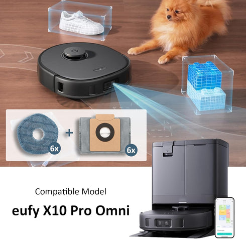 12 Pack Replacement Parts Dust Bags Mop Pads for eufy X10 Pro Omni Accessories Robot Vacuum Self-Empty Station