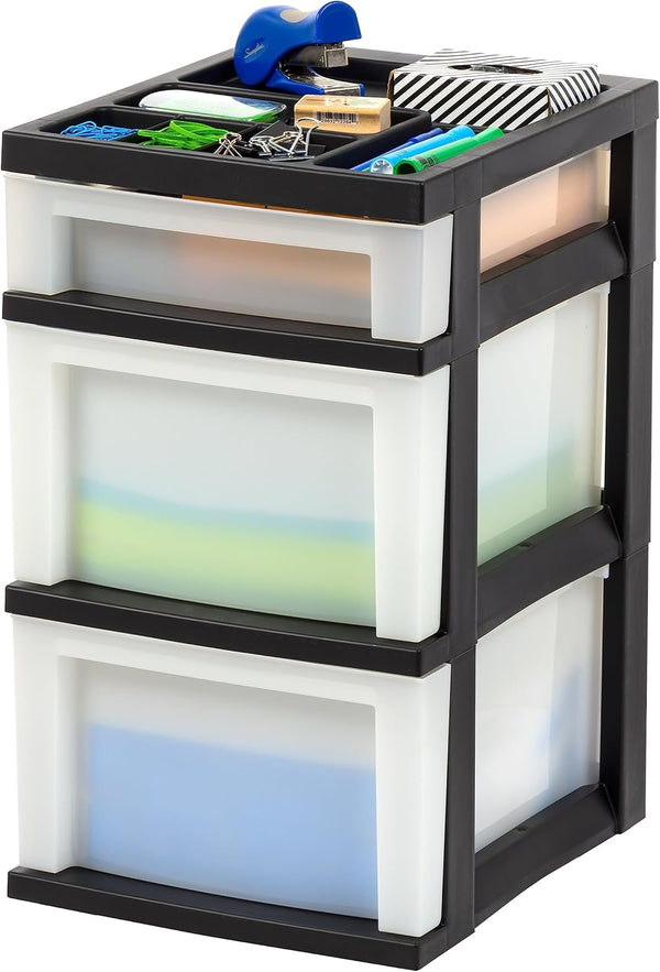 IRIS 3 Drawer Storage Cart, Plastic Organizer for Classroom Supplies, Art Supplies, Small Parts (Pearl/Black)
