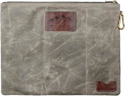 Water Resistant Zipper Document Holder, Fits Manila Folder, Rustic Large Waxed Canvas Pouch with Leather, Olive