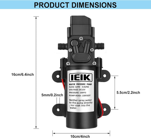 12 Volt Diaphragm Pump, 3LPM 0.8 GPM 100PSI Self Priming Sprayer for RV, Marine, Lawn Use