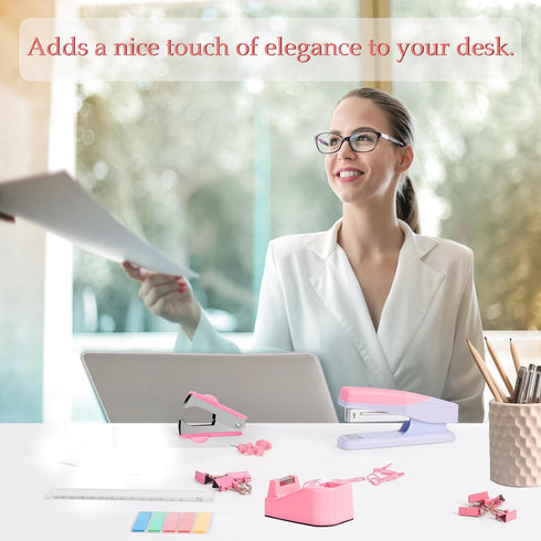 Pink Office Supplies Kit, Cute Desk Accessories for Women, Stapler and Tape Dispenser Set with Staple Remover, Clips,