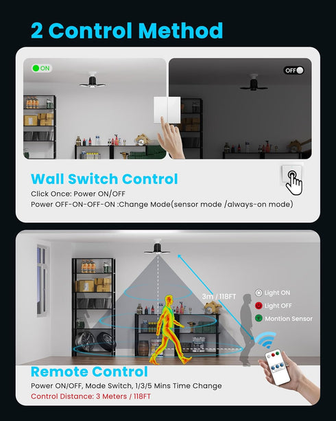 80W 8000LM, 360 Bulb (1 Pack) Motion Sensor Garage Light Deformable LED Shop Light with Remote Control and Detection