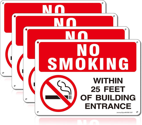 No Smoking Within 25 Feet of Building Entrance Sign, 4 Pack - 10"x7" Rust Free Reflective Aluminum, Weatherproof