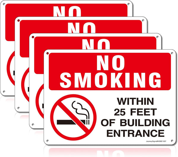 No Smoking Within 25 Feet of Building Entrance Sign, 4 Pack - 10"x7" Rust Free Reflective Aluminum, Weatherproof