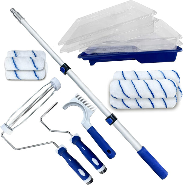 Dekonmon Paint Roller Kit 16PCS, 9&4 Inch Paint Roller with Adjustable 2-4FT Stainless