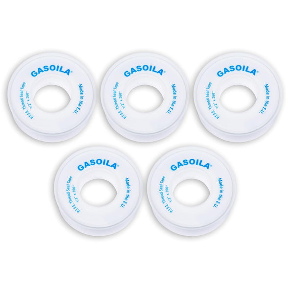 Gasoila PTFE Thread Seal Tape – Low-Density, 1/2 Inch x 260 Inch, Professional-Grade for Plumbing, Pack of 5